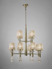 Tiffany Pendant 2 Tier 12+12 Light E14+G9, Antique Brass With Soft Bronze Shades & Clear Crystal