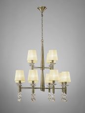 Tiffany Pendant 2 Tier 12+12 Light E14+G9, Antique Brass With Cream Shades & Clear Crystal
