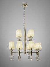 Tiffany 85cm Pendant 2 Tier 12+12 Light E14+G9, Antique Brass With Cream Shades & Clear Crystal