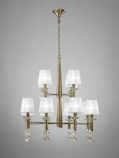 Tiffany 85cm Pendant 2 Tier 12+12 Light E14+G9, Antique Brass With White Shades & Clear Crystal