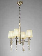 Tiffany 55cm Pendant 4+4 Light E14+G9, Antique Brass With Cream Shades & Clear Crystal