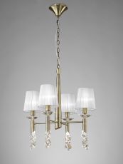 Tiffany Pendant 4+4 Light E14+G9, Antique Brass With White Shades & Clear Crystal