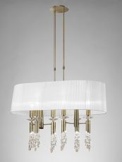 Tiffany Pendant 6+6 Light E27+G9 Oval, Antique Brass With White Shade & Clear Crystal