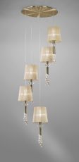 Tiffany Pendant 5+5 Light E27+G9 Spiral, Antique Brass With Soft Bronze Shades & Clear Crystal