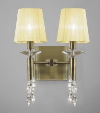 Tiffany Wall Lamp Switched 2+2 Light E14+G9, Antique Brass With Cream Shades & Clear Crystal