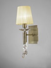 Tiffany Wall Lamp Switched 1+1 Light E14+G9, Antique Brass With Cream Shade & Clear Crystal