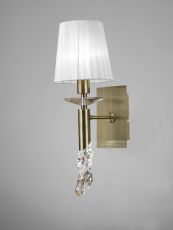 Tiffany Wall Lamp Switched 1+1 Light E14+G9, Antique Brass With White Shade & Clear Crystal