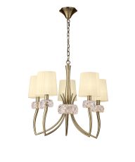 Loewe 66cm Pendant 5 Light E14, Antique Brass With Cream Shades
