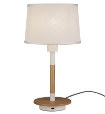 Nordica II Table Lamp With USB Socket, 1x23W E27, White/Beech With White Shade