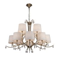 Andrea Pendant 100cm Round, 8+4 x E14 (Max 20W), Antique Brass, White Shades, White Crystal Droplets