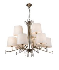 Andrea Pendant 88cm Round, 6+3 x E14 (Max 20W), Antique Brass, White Shades, White Crystal Droplets