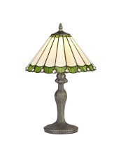 Adolfo 1 Light Curved Table Lamp E27 With 30cm Tiffany Shade, Green/Cmozarella/Crystal/Aged Antique Brass