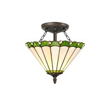 Adolfo 2 Light Semi Flush E27 With 30cm Tiffany Shade, Green/Cream/Crystal/Aged Antique Brass