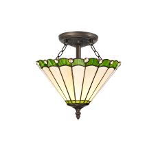 Adolfo 29.5cm 2 Light Semi Flush E27 With 30cm Tiffany Shade, Green/Cmozarella/Crystal/Aged Antique Brass