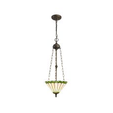 Adolfo 3 Light Uplighter Pendant E27 With 30cm Tiffany Shade, Green/Cream/Crystal/Aged Antique Brass