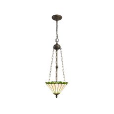 Adolfo 29.5cm 3 Light Uplighter Pendant E27 With 30cm Tiffany Shade, Green/Cmozarella/Crystal/Aged Antique Brass