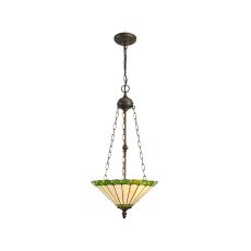 Adolfo 40.5cm 3 Light Uplighter Pendant E27 With 40cm Tiffany Shade, Green/Cream/Crystal/Aged Antique Brass
