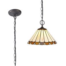 Adolfo 2 Light Downlighter Pendant E27 With 30cm Tiffany Shade, Amber/Cream/Crystal/Aged Antique Brass