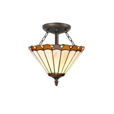Adolfo 2 Light Semi Flush E27 With 30cm Tiffany Shade, Amber/Cream/Crystal/Aged Antique Brass