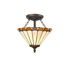 Adolfo 2 Light Semi Flush E27 With 30cm Tiffany Shade, Amber/Cmozarella/Crystal/Aged Antique Brass