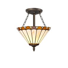 Adolfo 3 Light Semi Flush E27 With 30cm Tiffany Shade, Amber/Cream/Crystal/Aged Antique Brass