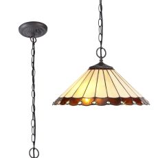 Adolfo 40.5cm 2 Light Downlighter Pendant E27 With 40cm Tiffany Shade, Amber/Cream/Crystal/Aged Antique Brass