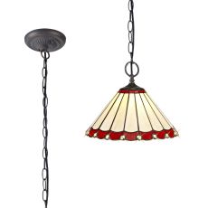 Adolfo 2 Light Downlighter Pendant E27 With 30cm Tiffany Shade, Red/Cream/Crystal/Aged Antique Brass