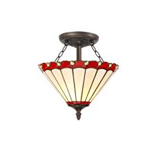 Adolfo 2 Light Semi Flush E27 With 30cm Tiffany Shade, Red/Cmozarella/Crystal/Aged Antique Brass