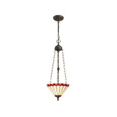 Adolfo 3 Light Uplighter Pendant E27 With 30cm Tiffany Shade, Red/Cream/Crystal/Aged Antique Brass