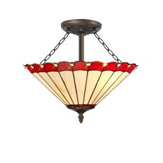 Adolfo 40.5cm 3 Light Semi Flush E27 With 40cm Tiffany Shade, Red/Cream/Crystal/Aged Antique Brass