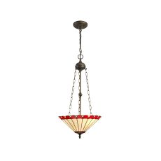 Adolfo 40.5cm 3 Light Uplighter Pendant E27 With 40cm Tiffany Shade, Red/Cream/Crystal/Aged Antique Brass
