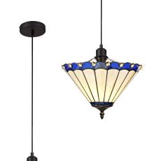 Adolfo 1 Light Uplighter Pendant E27 With 30cm Tiffany Shade, Blue/Cream/Crystal/Black