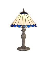 Adolfo 1 Light Curved Table Lamp E27 With 30cm Tiffany Shade, Blue/Cmozarella/Crystal/Aged Antique Brass
