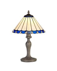 Adolfo 1 Light Curved Table Lamp E27 With 30cm Tiffany Shade, Blue/Cream/Crystal/Aged Antique Brass
