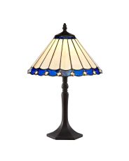 Adolfo 1 Light Octagonal Table Lamp E27 With 30cm Tiffany Shade, Blue/Cream/Crystal/Aged Antique Brass