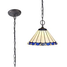 Adolfo 2 Light Downlighter Pendant E27 With 30cm Tiffany Shade, Blue/Cream/Crystal/Aged Antique Brass