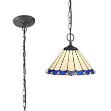 Adolfo 2 Light Downlighter Pendant E27 With 30cm Tiffany Shade, Blue/Cmozarella/Crystal/Aged Antique Brass