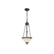 Adolfo 2 Light Uplighter Pendant E27 With 30cm Tiffany Shade, Blue/Cream/Crystal/Aged Antique Brass