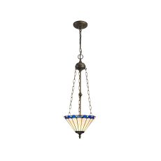 Adolfo 3 Light Uplighter Pendant E27 With 30cm Tiffany Shade, Blue/Cream/Crystal/Aged Antique Brass