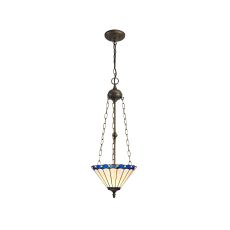 Adolfo 3 Light Uplighter Pendant E27 With 30cm Tiffany Shade, Blue/Cmozarella/Crystal/Aged Antique Brass