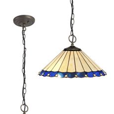 Adolfo 40.5cm 3 Light Downlighter Pendant E27 With 40cm Tiffany Shade, Blue/Cream/Crystal/Aged Antique Brass