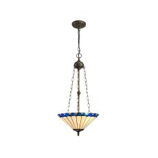 Adolfo 40.5cm 3 Light Uplighter Pendant E27 With 40cm Tiffany Shade, Blue/Cream/Crystal/Aged Antique Brass