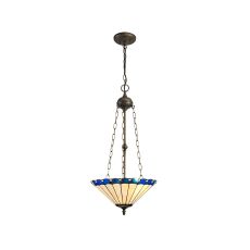 Adolfo 3 Light Uplighter Pendant E27 With 40cm Tiffany Shade, Blue/Cmozarella/Crystal/Aged Antique Brass