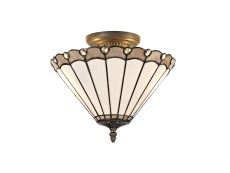 Adolfo 2 Light Semi Flush E27 With 30cm Tiffany Shade, Grey/Cream/Crystal/Aged Antique Brass