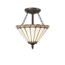 Adolfo 3 Light Semi Flush E27 With 30cm Tiffany Shade, Grey/Cream/Crystal/Aged Antique Brass