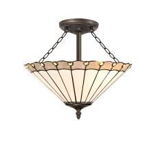 Adolfo 40.5cm 3 Light Semi Flush E27 With 40cm Tiffany Shade, Grey/Cream/Crystal/Aged Antique Brass