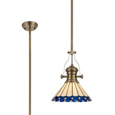 Adolfo 1 Light Pendant E27 With 30cm Tiffany Shade, Antique Brass/Blue/Cream/Crystal
