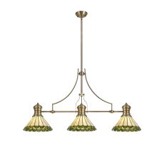 Adolfo 3 Light Linear Pendant E27 With 30cm Tiffany Shade, Antique Brass, Green, Cmozarella, Crystal