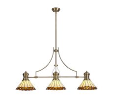 Adolfo 3 Light Linear Pendant E27 With 30cm Tiffany Shade, Antique Brass, Amber, Cream, Crystal