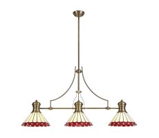 Adolfo 3 Light Linear Pendant E27 With 30cm Tiffany Shade, Antique Brass, Red, Cream, Crystal